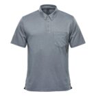 Gray polo shirt with a pocket on the left chest, buttoned collar.