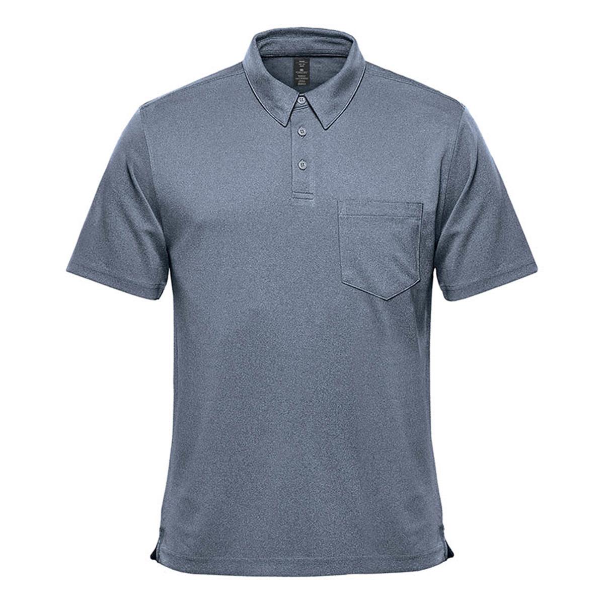Gray short-sleeve polo shirt with a front pocket, button-up collar.
