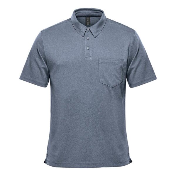 Gray polo shirt with a pocket on the chest, displayed on a plain white background.