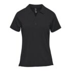 A plain black polo shirt with short sleeves and a collar.