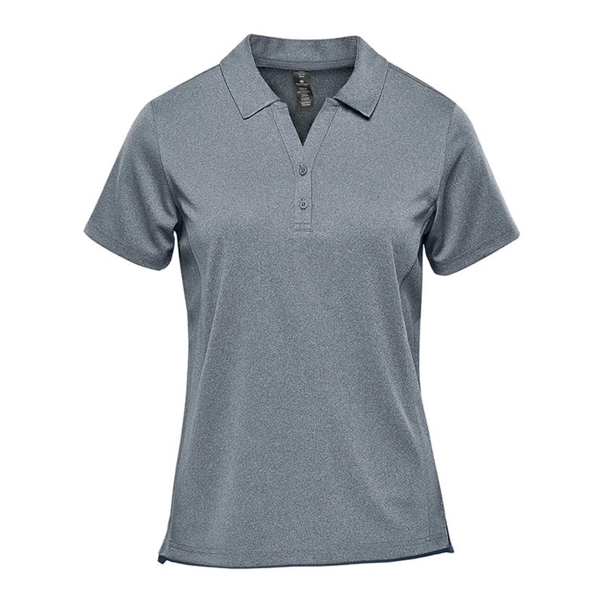 Gray short-sleeve polo shirt with collar and buttons, displayed on a white background.
