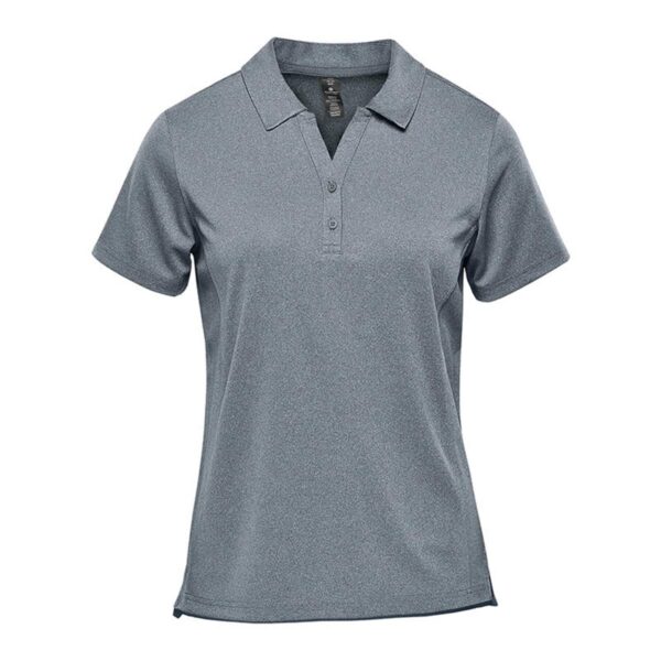 Gray short-sleeve polo shirt with a collar and buttoned neckline.