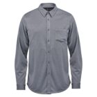 Gray long-sleeve button-up shirt with a single chest pocket against a white background.