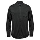 Black long-sleeve button-up shirt with collar and single chest pocket.