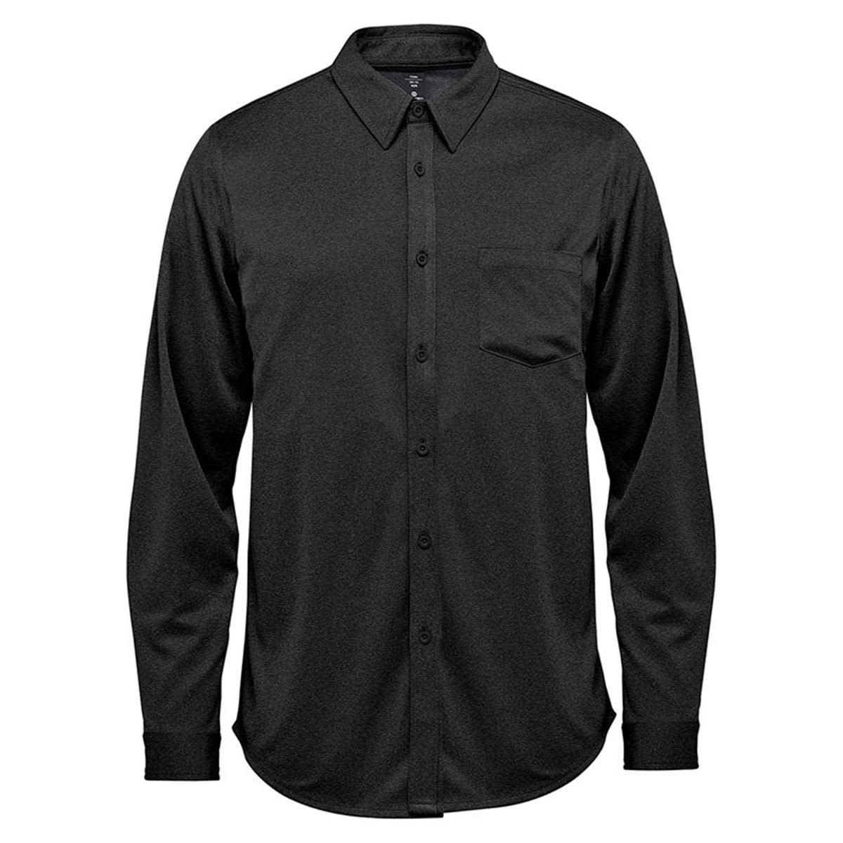 Black long-sleeve button-up shirt with collar and single chest pocket.