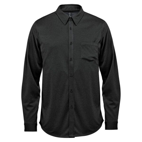 Black long-sleeve button-up shirt with a collar and chest pocket.