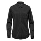 Black long-sleeve button-up shirt with a front chest pocket.