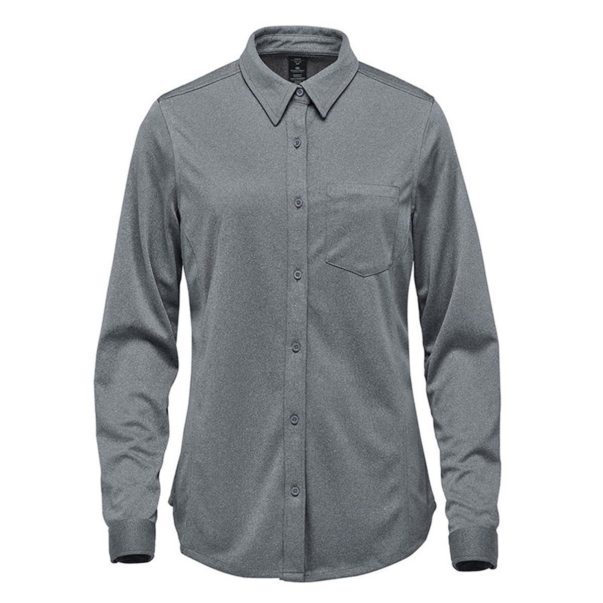Grey long-sleeve button-up shirt with a chest pocket.