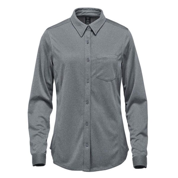 Grey button-up shirt with a collar and chest pocket.