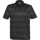 Dark green striped polo shirt with black collar and buttons.