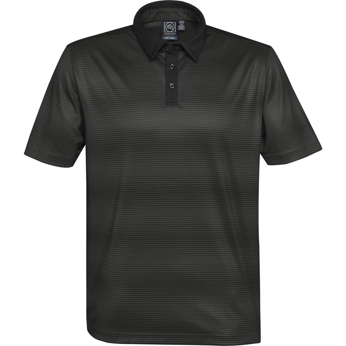 Dark green striped polo shirt with black collar and buttons.