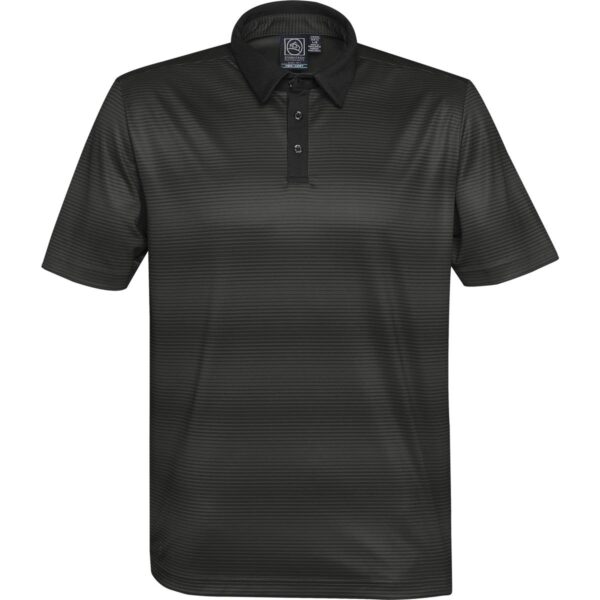 Dark green collared polo shirt with horizontal stripes and a black collar.
