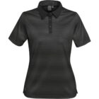 Black striped polo shirt with short sleeves and a collar.