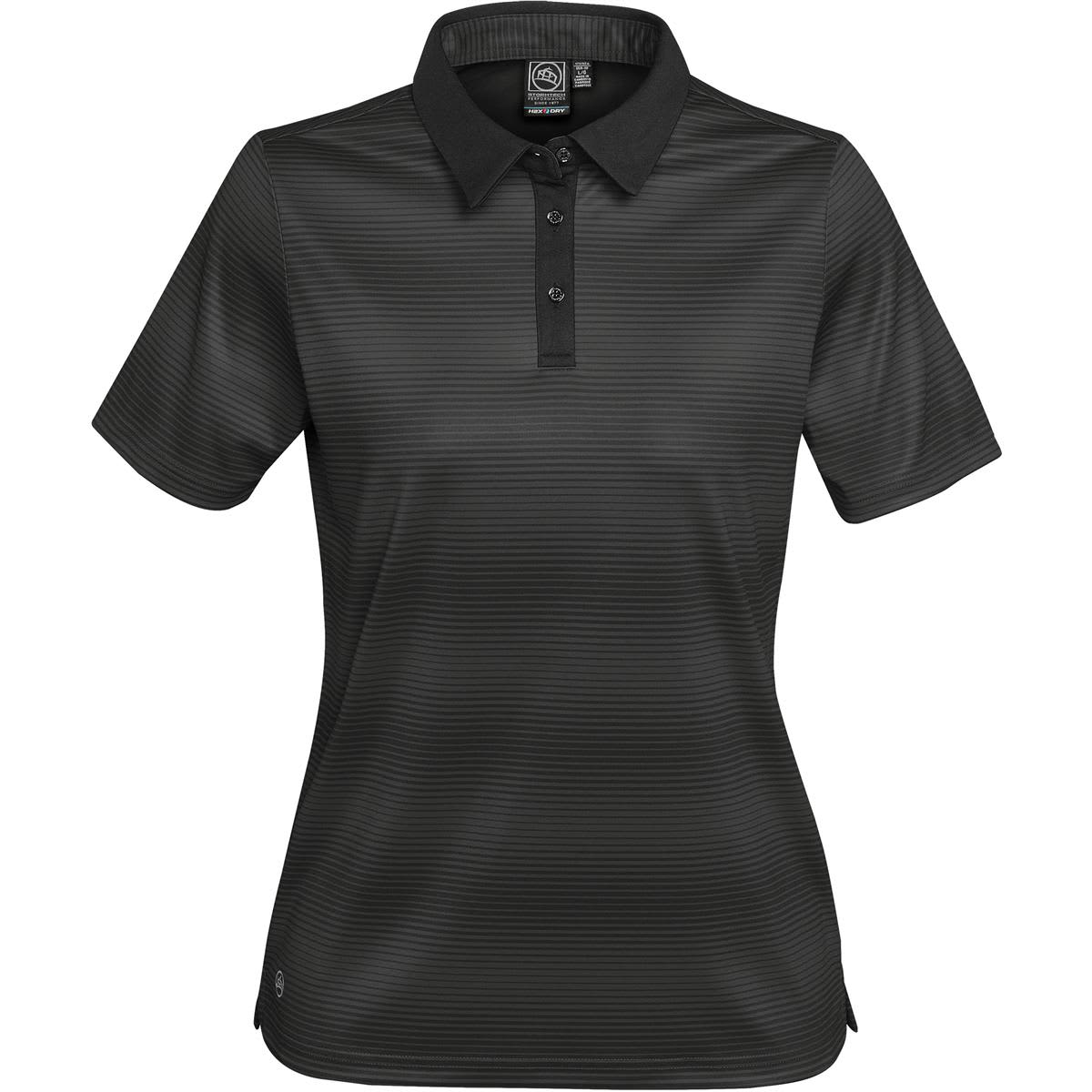 Black striped polo shirt with short sleeves and a collar.