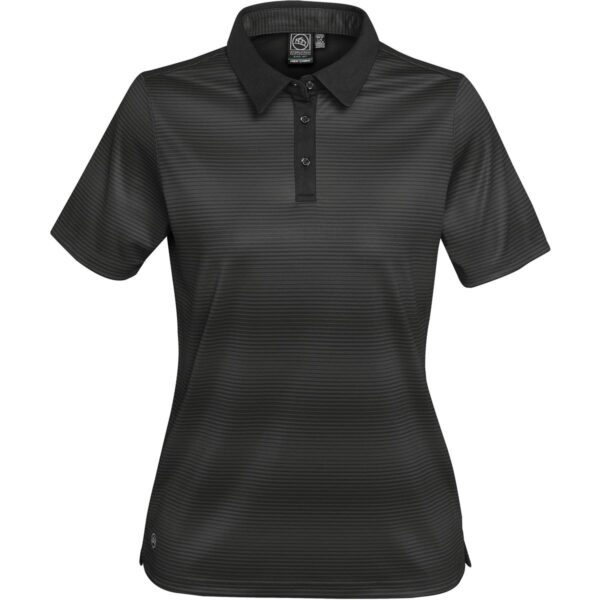 Black short-sleeve collared shirt with subtle horizontal stripes.