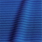 Close-up of blue fabric with thin, dark horizontal stripes creating a wave-like pattern.