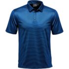 Blue striped polo shirt with short sleeves and a buttoned collar.