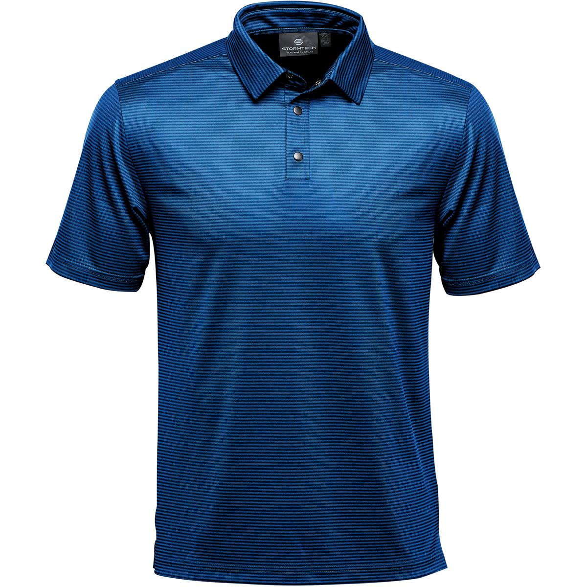 Blue striped polo shirt with short sleeves and a buttoned collar.