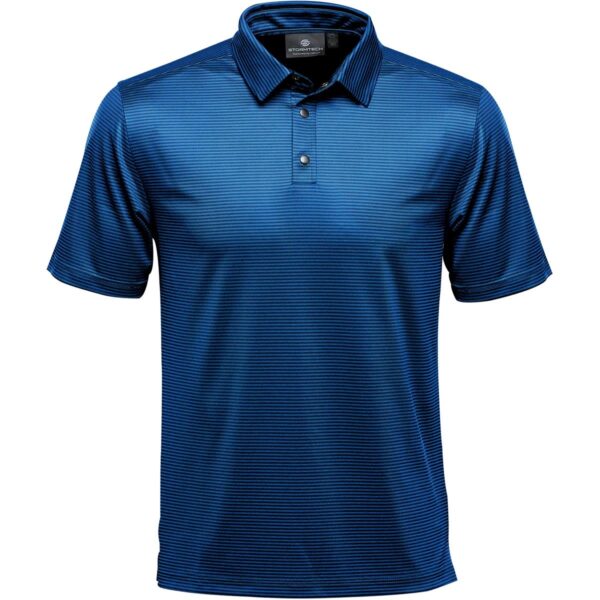 Blue striped polo shirt with collar and three buttons.