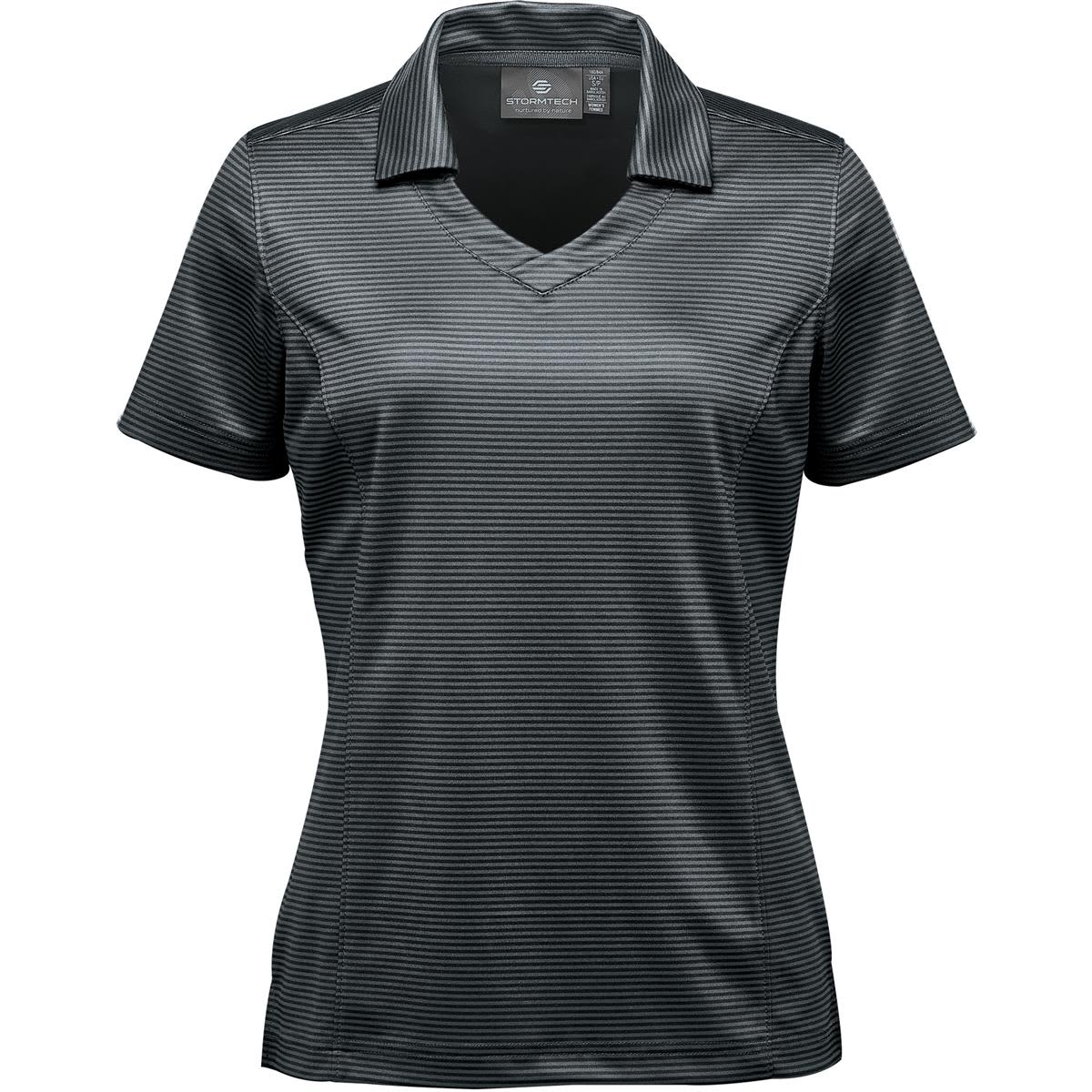 Dark gray striped short-sleeve polo shirt on a white background.