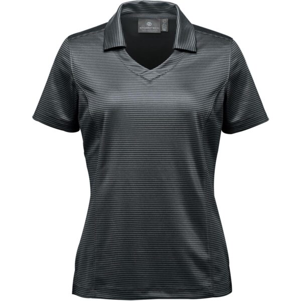 Dark gray striped polo shirt with a V-neck and short sleeves.