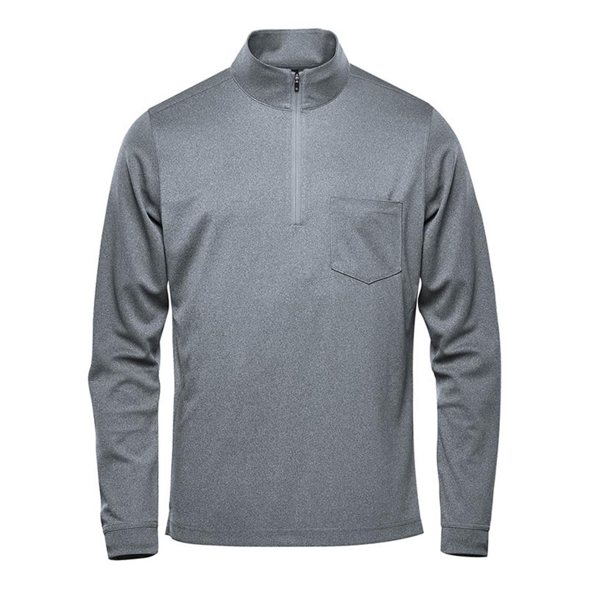 Gray long-sleeve shirt with a quarter-zip and chest pocket.