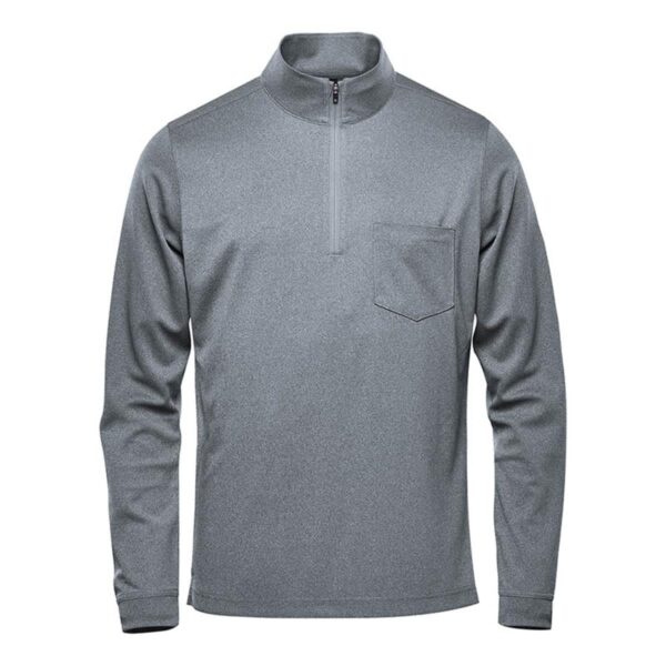 Gray quarter-zip pullover with chest pocket on a white background.