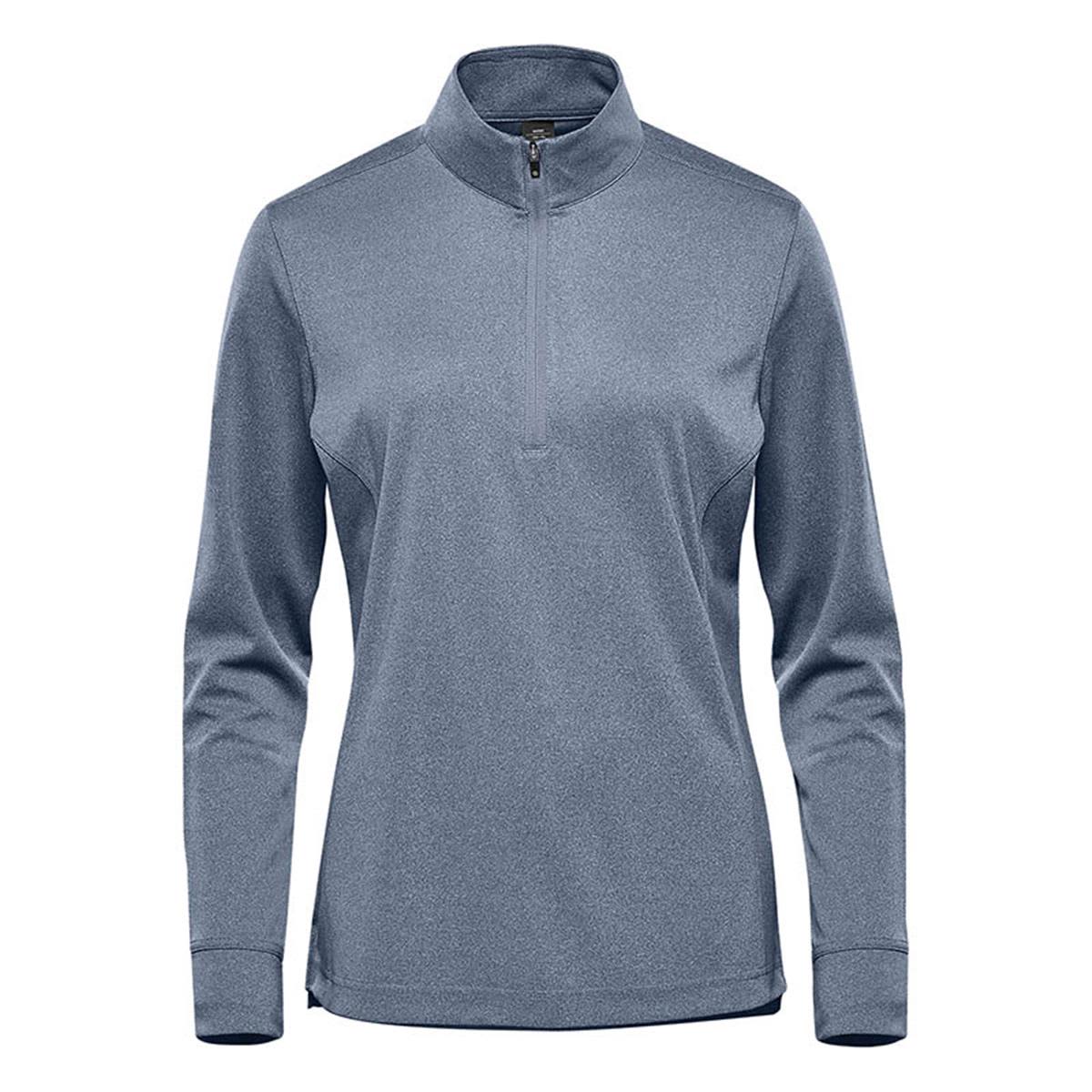Blue long-sleeve pullover with a quarter-zip collar, designed for women.