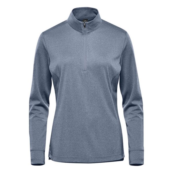 Blue quarter-zip pullover with long sleeves on a white background.
