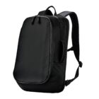 Black minimalist backpack with sleek design and two zippers on the top.