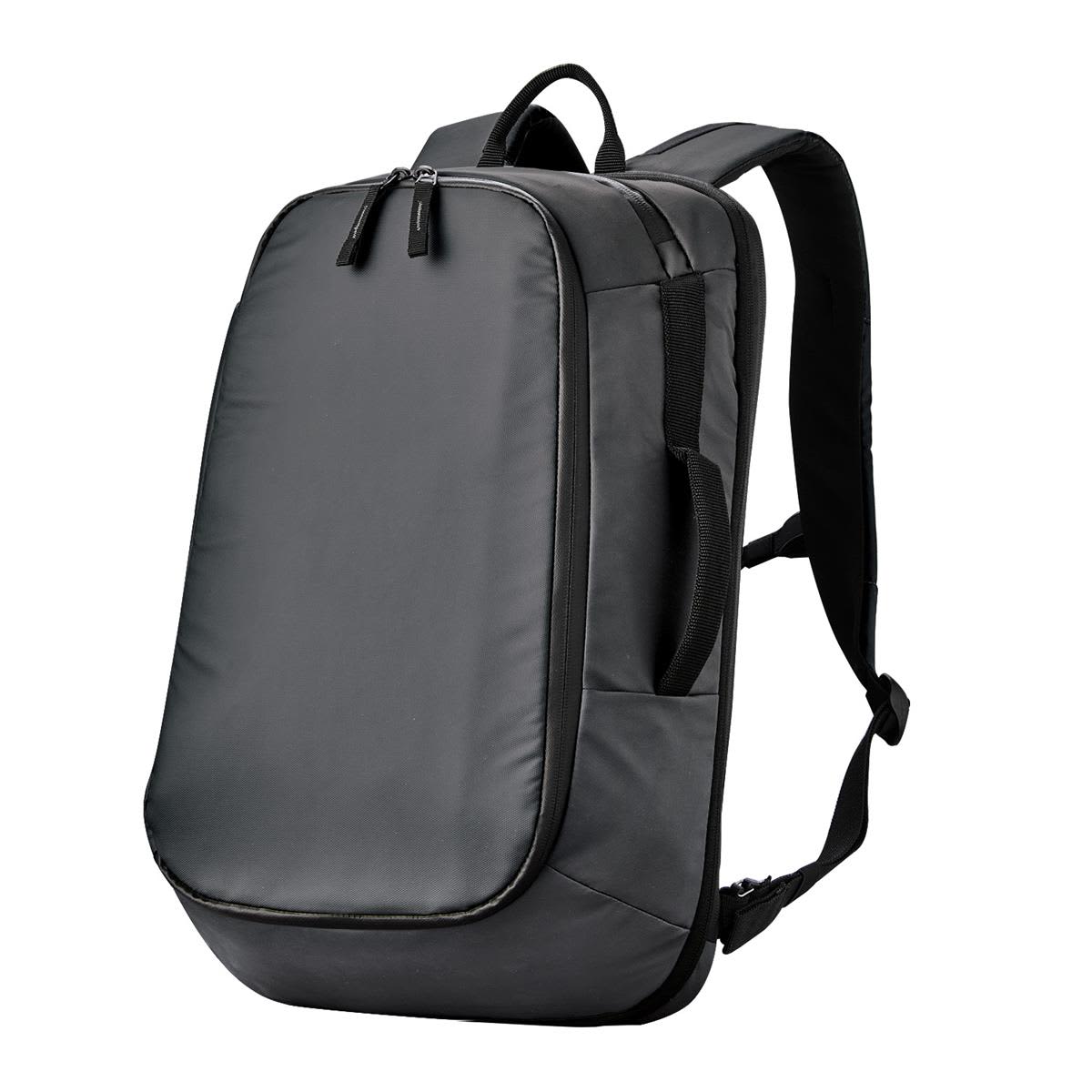 Black minimalist backpack with curved edges and adjustable shoulder straps.