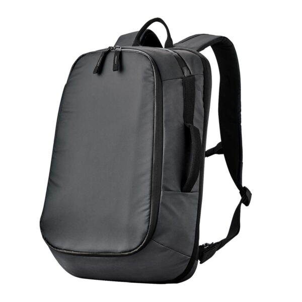 Minimalist black backpack with padded straps and a sleek, modern design.