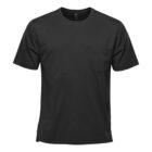 Black T-shirt with a front pocket, displayed against a white background.