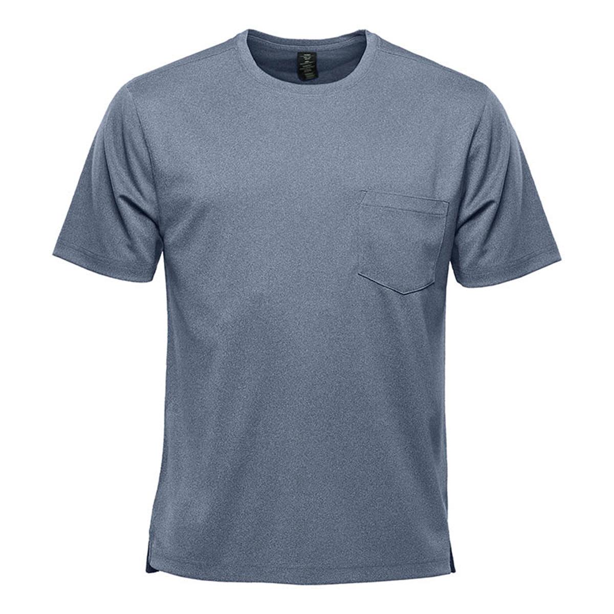 Blue short-sleeve t-shirt with a chest pocket on a white background.