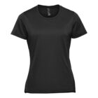 A plain black short-sleeve T-shirt.
