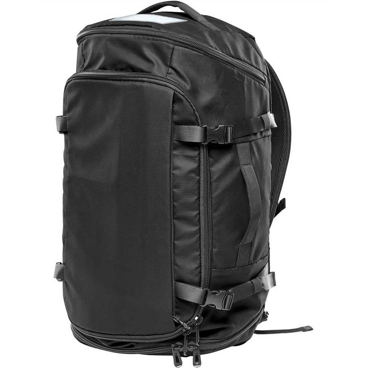 Black tactical backpack with side straps, multiple compartments, and top handle.
