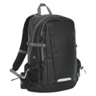 Black backpack with gray accents and multiple compartments against a white background.