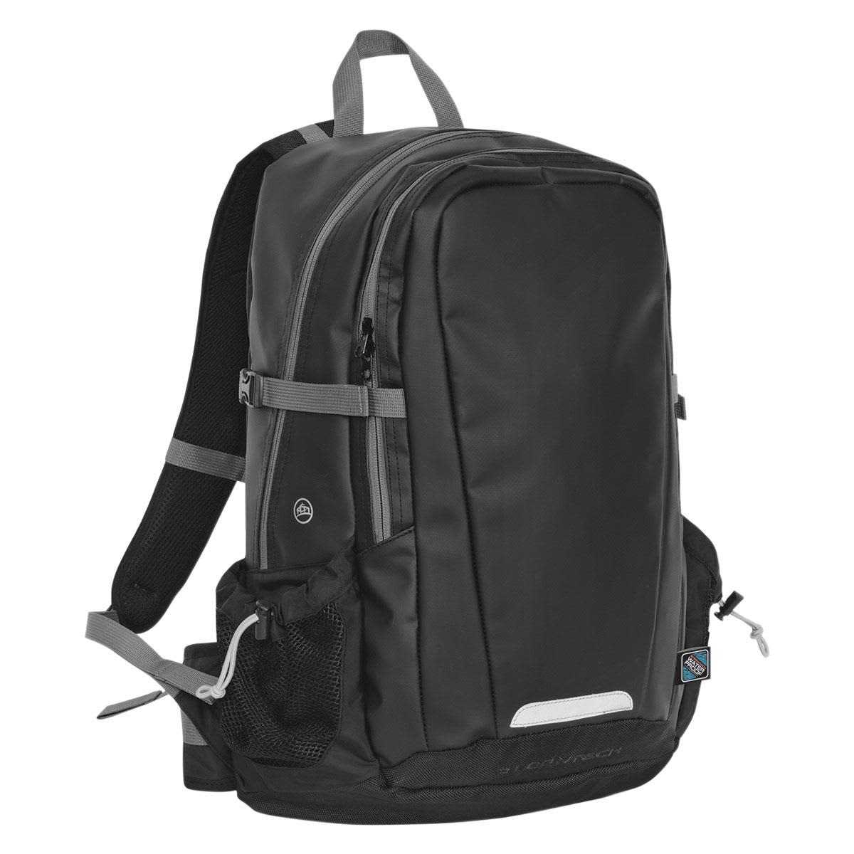 Black backpack with gray accents and multiple compartments against a white background.