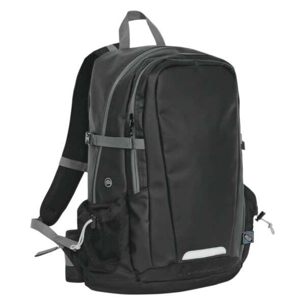 Black backpack with multiple compartments and gray accents on straps and zippers.