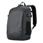 A sleek, black backpack with dual straps and side pockets.