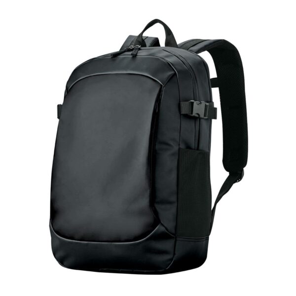 Black backpack with a front pocket and side mesh pocket, on a plain white background.