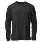 Black long-sleeve shirt with a round neckline on a white background.