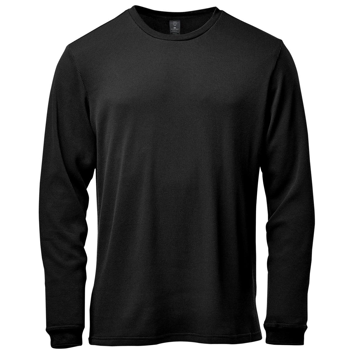 Black long-sleeve thermal shirt on a white background.