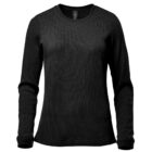 Black long-sleeve crew neck shirt with a textured pattern on a white background.