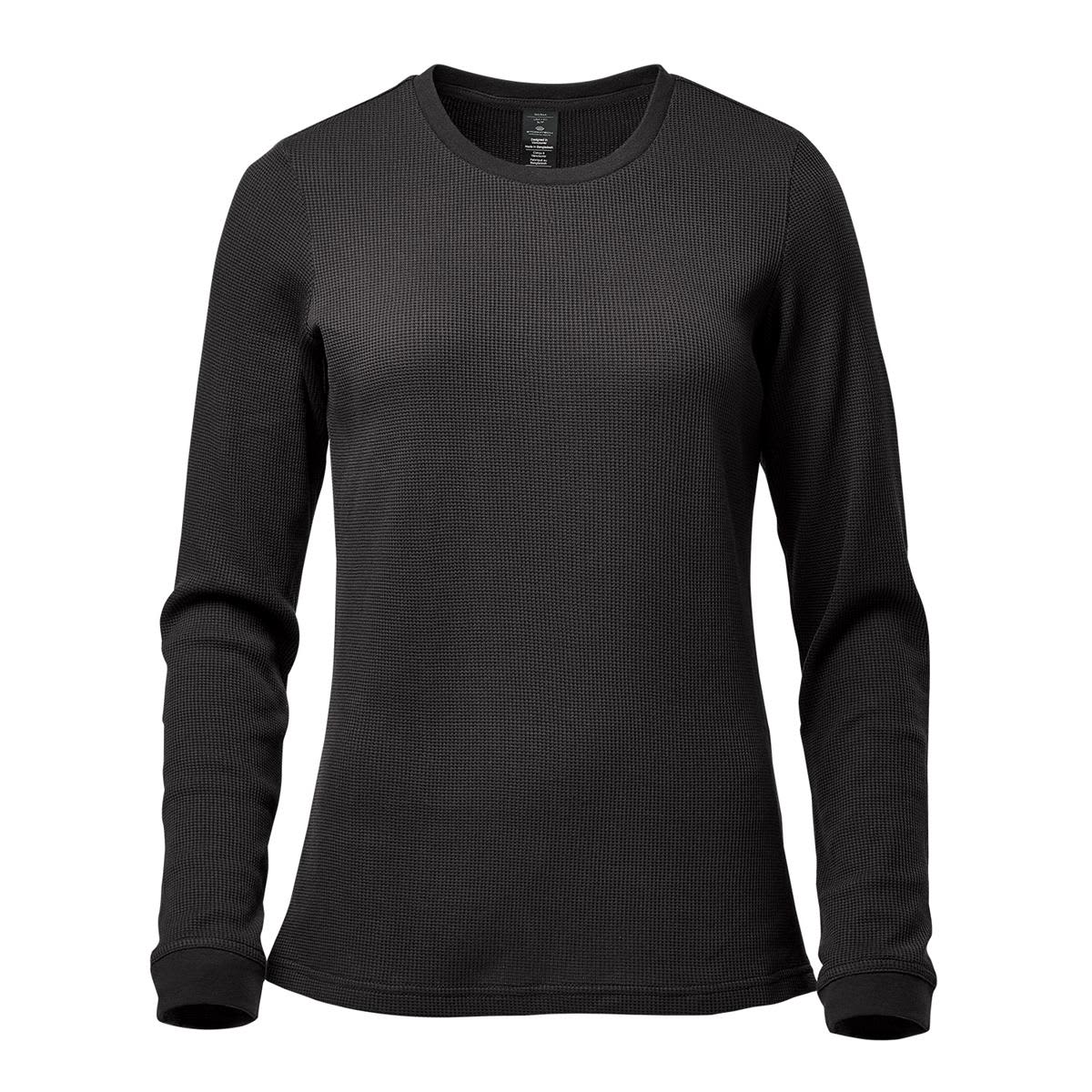 Black long-sleeve thermal shirt on a white background.