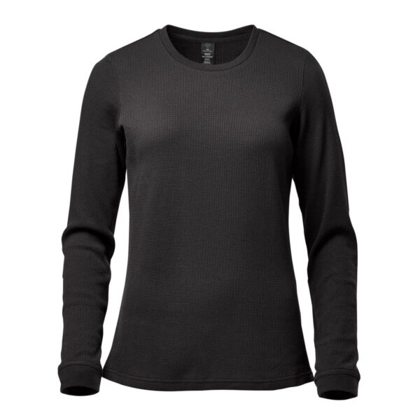 Black long-sleeve waffle-knit shirt on a white background.