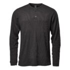 Black long-sleeve henley shirt with a textured pattern and two buttons.