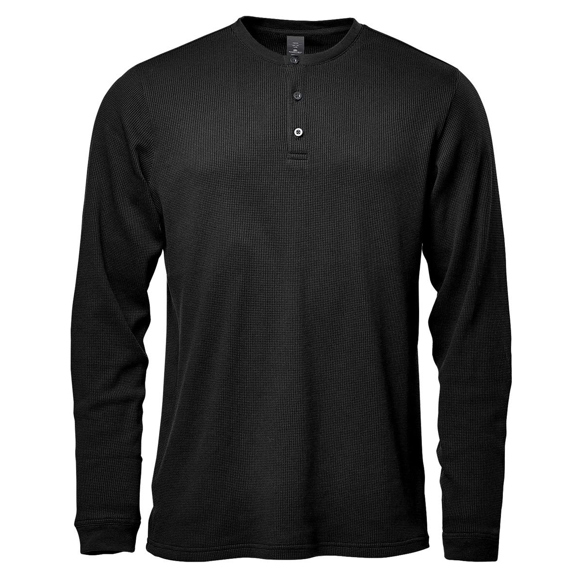Black long-sleeve henley shirt with two buttons on a plain white background.