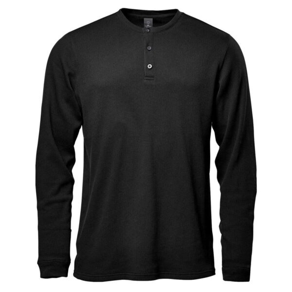 Black long-sleeve henley shirt with buttoned collar on white background.
