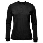 Black long-sleeve henley shirt with buttons on the front.